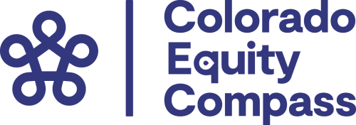 Colorado Equity Compass logo which is a deep blue and has a flower-like shape meant to represent five social determinants of health surrounding a pentagon that represents a home