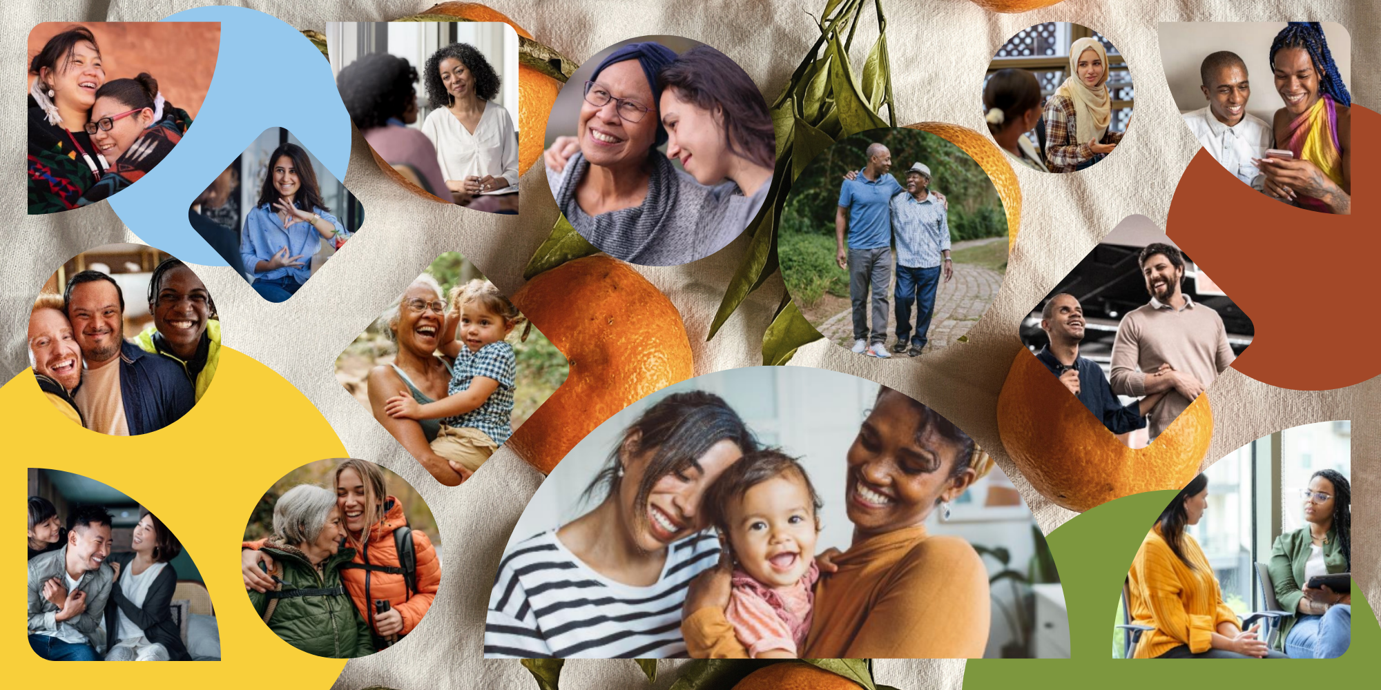 A vibrant collage featuring photographs of diverse individuals and groups of various ages interacting in professional and personal settings. The images capture moments of conversation, embracing, walking together, and laughter. These photos are arranged over a background of oranges and textured fabric, collectively emphasizing themes of community, connection, and inclusivity.
