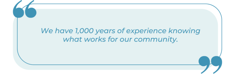 A stylized quotation box with large decorative quotation marks in blue at the top-left and bottom-right corners. The pale blue rounded rectangle background contains italicized blue text reading 'We have 1,000 years of experience knowing what works for our community.' The design emphasizes community-held knowledge and lived experience as a central message.