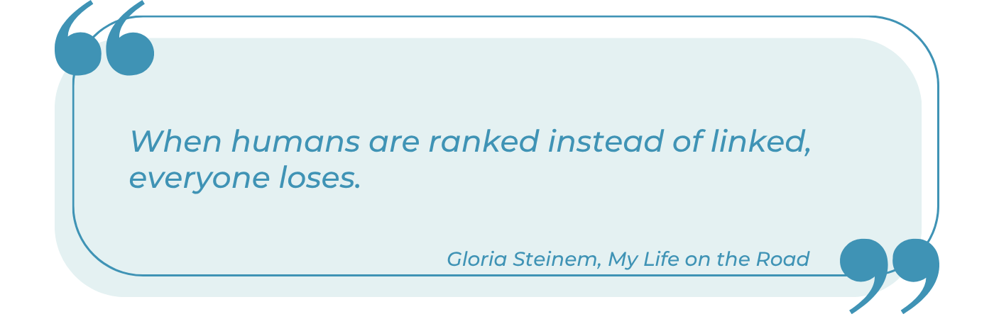A stylized quotation graphic with large blue quotation marks framing italicized blue text on a light teal rounded rectangle background. The quote reads: 'When humans are ranked instead of linked, everyone loses.' It is attributed below in smaller italic text to Gloria Steinem, My Life on the Road.