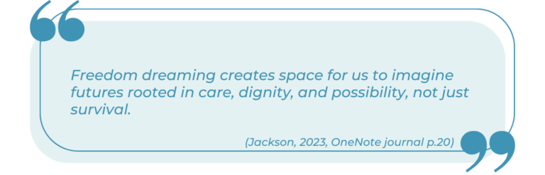 A light blue graphic text box displays a quote centered between stylized opening and closing quotation marks. The text reads verbatim: "Freedom dreaming creates space for us to imagine futures rooted in care, dignity, and possibility, not just survival." The quote is attributed in the bottom right corner: "(Jackson, 2023, OneNote journal p.20)".