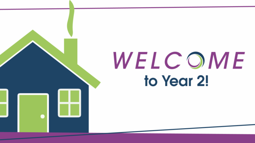 Graphical depiction of a blue and green house with smoke coming out of the chimney and the words WELCOME to Year! with the O in welcome mirroring the NTTAC Logo's green, purple, and blue logo