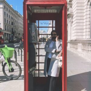 Neda in an old British telephone booth