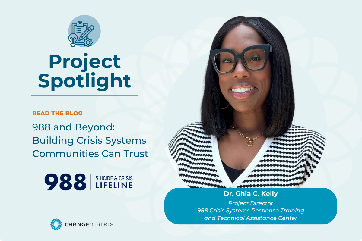 A promotional graphic on a light teal background announces a blog post titled 'Project Spotlight' with the subheading 'READ THE BLOG: 988 and Beyond: Building Crisis Systems Communities Can Trust'. The 988 Suicide and Crisis Lifeline logo appears below the text, along with the Change Matrix logo in the bottom left corner. On the right side, a smiling woman with shoulder-length dark hair, glasses, and a black-and-white patterned sweater is shown, identified in a teal banner as 'Dr. Ghia C. Kelly, Project Director, 988 Crisis Systems Response Training and Technical Assistance Center'.