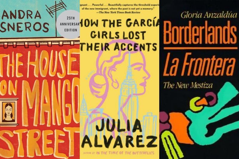 A collage of brightly-colored books recommended by Sandra to read including the House on Mango Street, How the Garcia Girls Lost Their Accents, and Borderlands La Frontera