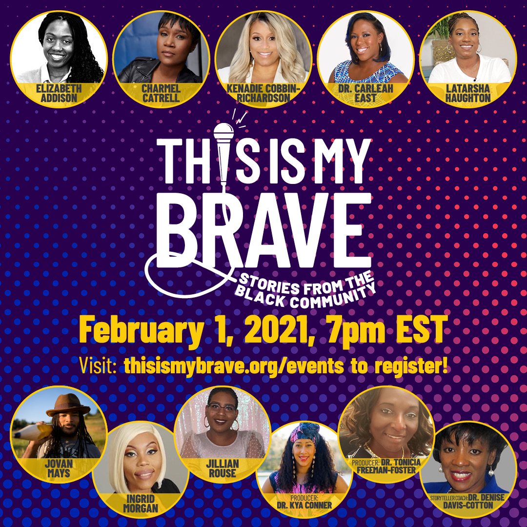 This is My Brave promotional image that includes speakers' pictures, names, and the time of the event (February 1, 2021)