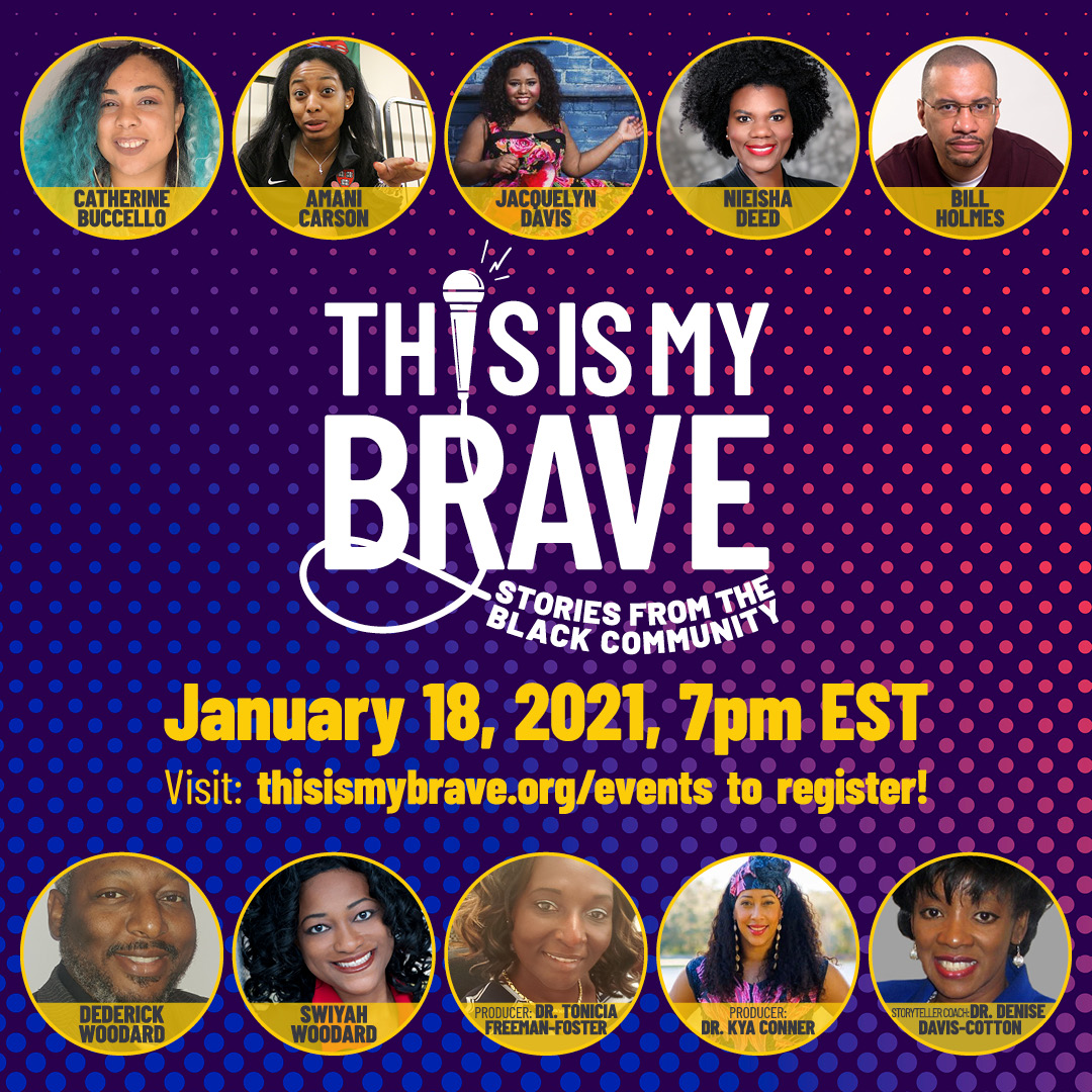 This is My Brave promotional image that includes speakers' pictures, names, and the time of the event (January 18, 2021)