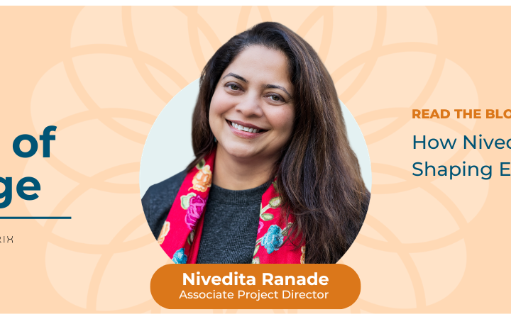 A promotional banner on a peach background features a central circular portrait of Nivedita Ranade, who smiles warmly while wearing a dark top and a bright red, floral-embroidered scarf. To the left, a megaphone icon sits above the large title 'Voices of Change' and the Change Matrix logo. To the right, text provides the headline 'How Nivedita Ranade is Shaping Equitable Evaluation,' inviting viewers to read the blog.