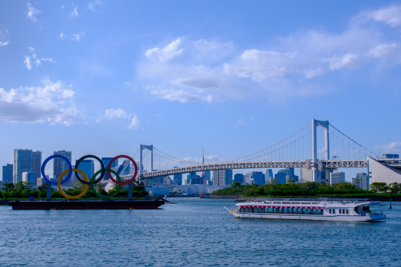 A barge carrying the 2020 Olympic rings in Tokyo.